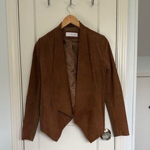 T Tahari Brown Suede Leather Open Front Jacket